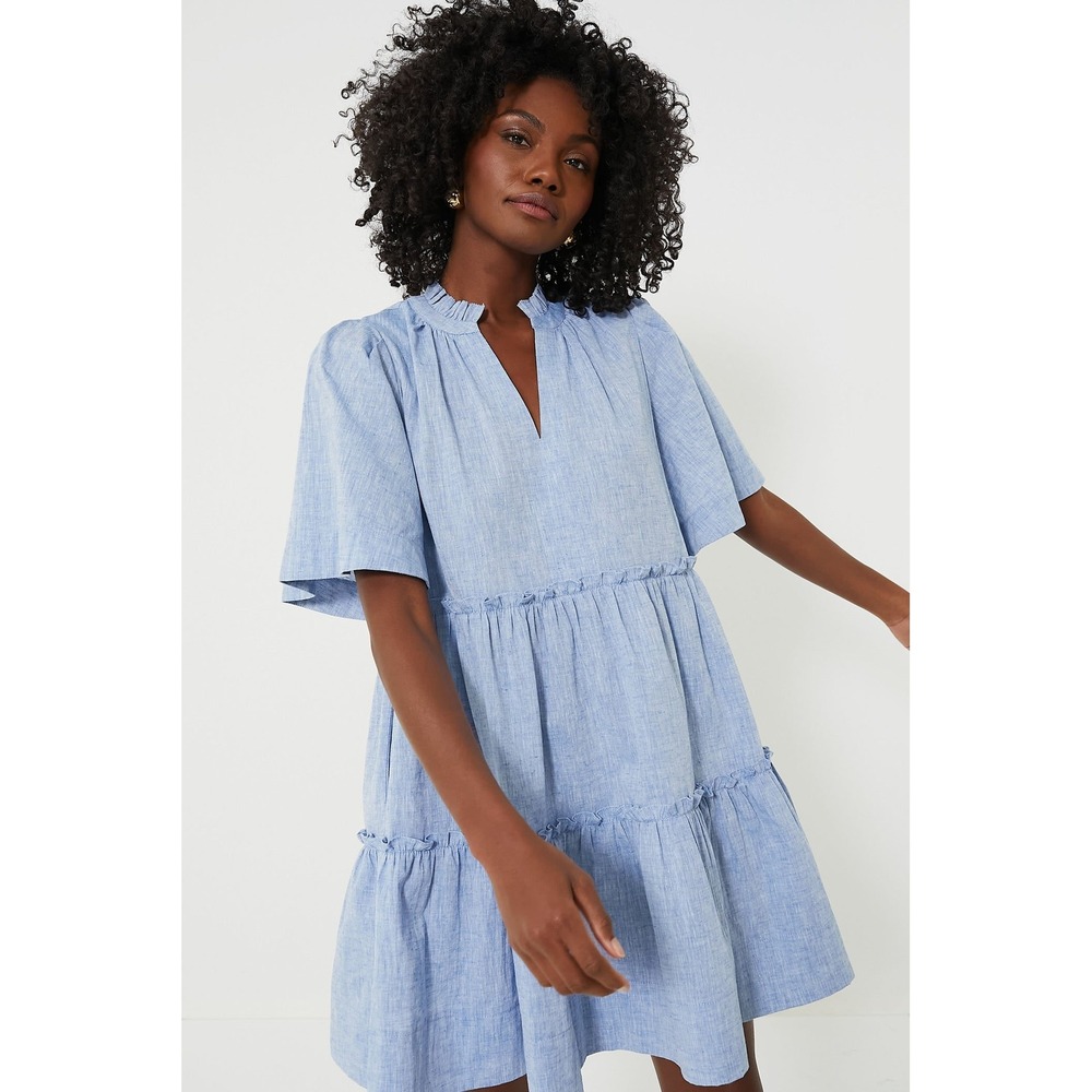 Tuckernuck Chambray Crawford Dress Blue Cotton Linen Tiered Mini XXL Y23738T NEW